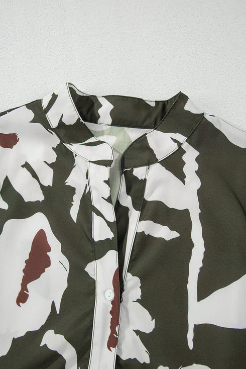 Abstract Print Tiered Ruffle Cuff Button Up Blouse