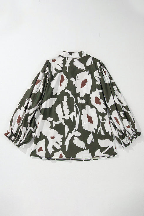 Abstract Print Tiered Ruffle Cuff Button Up Blouse
