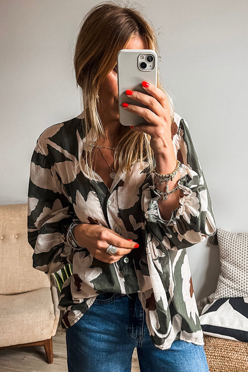 Abstract Print Tiered Ruffle Cuff Button Up Blouse