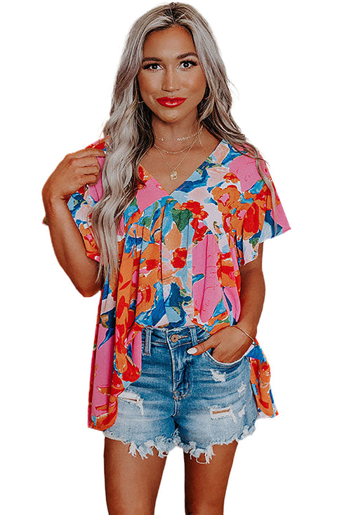 Abstract Print V Neck Flutter Sleeve Woven Blouse