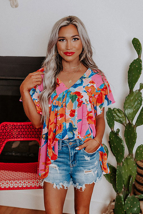 Abstract Print V Neck Flutter Sleeve Woven Blouse