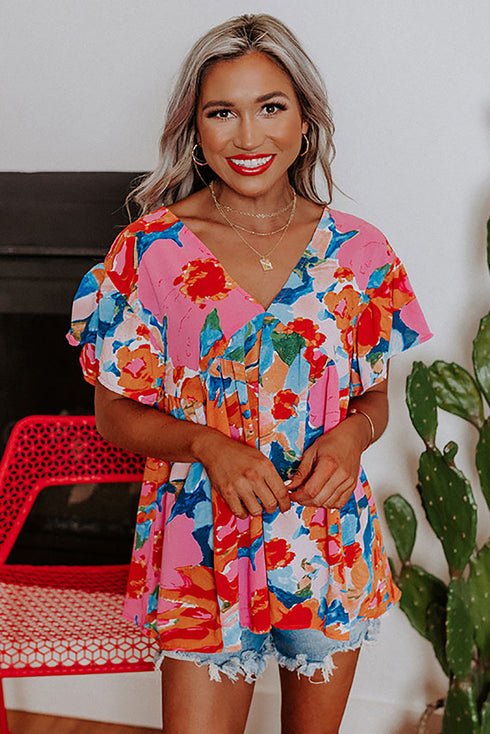 Abstract Print V Neck Flutter Sleeve Woven Blouse