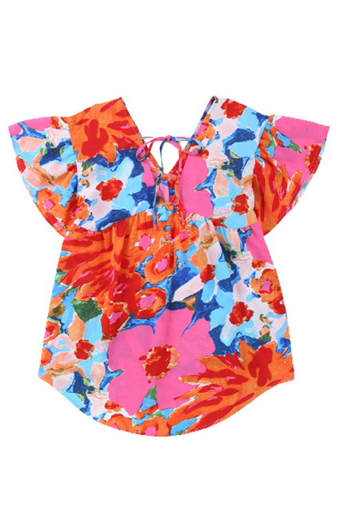 Abstract Print V Neck Flutter Sleeve Woven Blouse