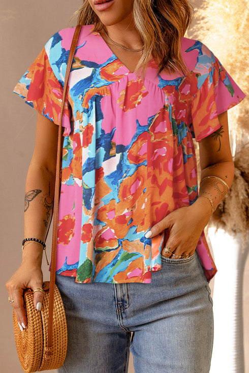 Abstract Print V Neck Flutter Sleeve Woven Blouse
