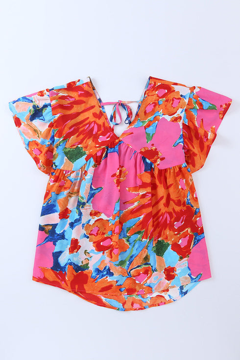 Abstract Print V Neck Flutter Sleeve Woven Blouse