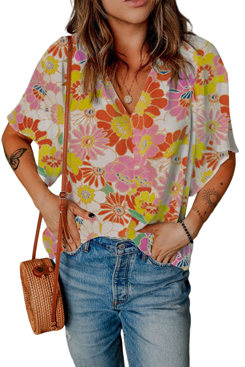 Abstract Print V Neck Half Sleeve Blouse