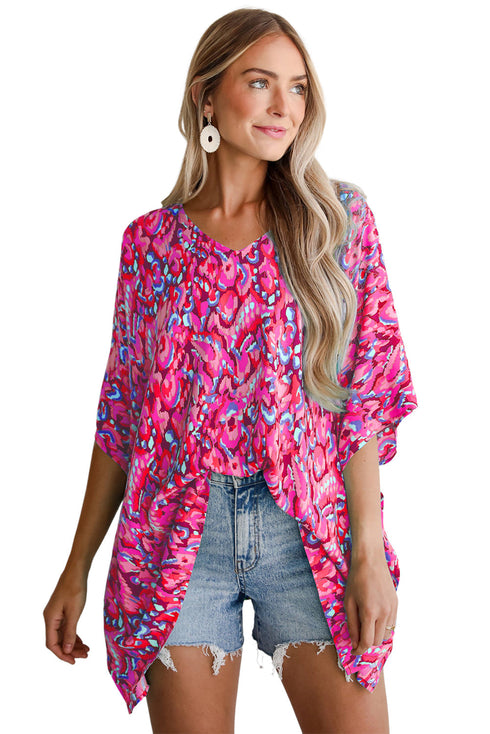 Abstract Print V Neck Half Sleeve Loose Fit Tunic Blouse