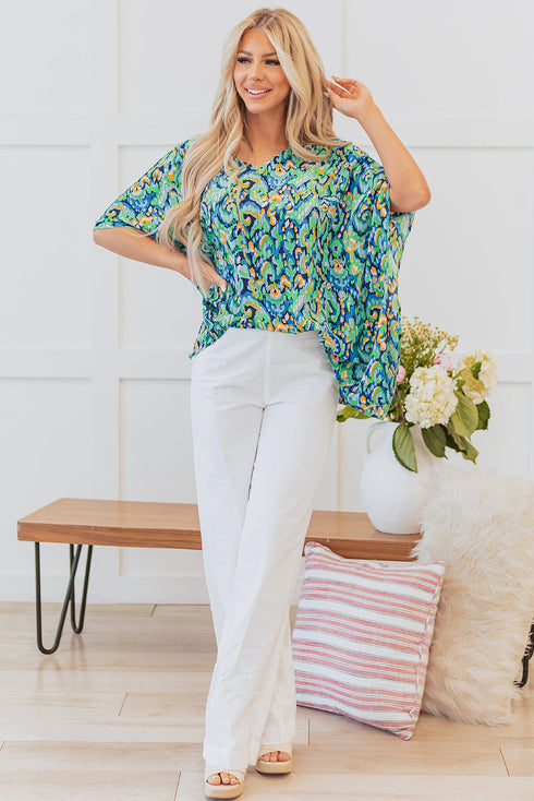 Abstract Print V Neck Half Sleeve Loose Fit Tunic Blouse