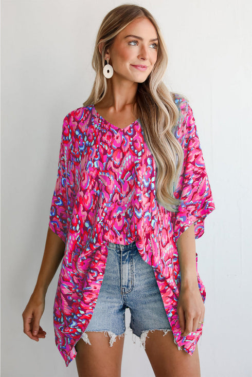 Abstract Print V Neck Half Sleeve Loose Fit Tunic Blouse