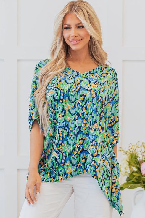 Abstract Print V Neck Half Sleeve Loose Fit Tunic Blouse