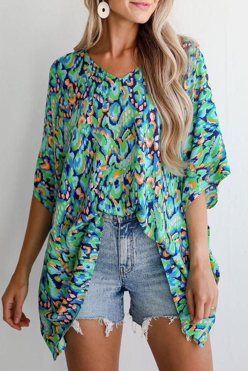 Abstract Print V Neck Half Sleeve Loose Fit Tunic Blouse