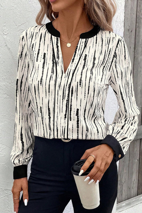 Abstract Print V Neck Long Sleeve Modern Blouse