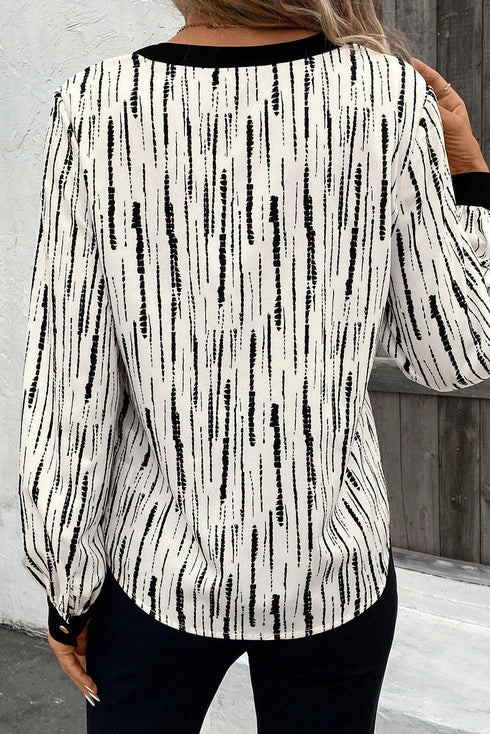 Abstract Print V Neck Long Sleeve Modern Blouse