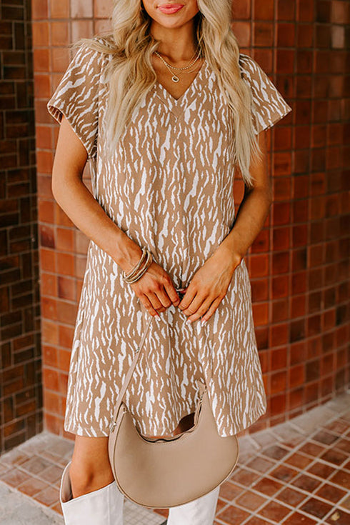 Abstract Print V Neck Short Sleeve Shift T Shirt Dress
