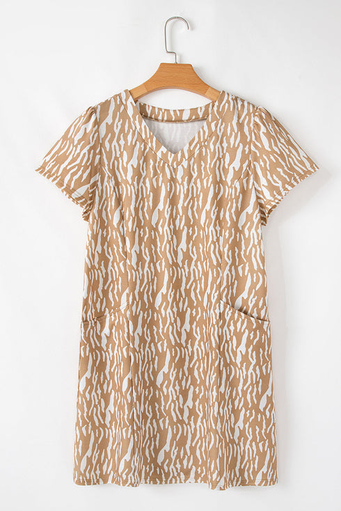 Abstract Print V Neck Short Sleeve Shift T Shirt Dress