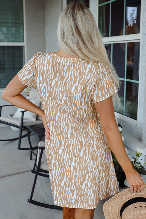 Abstract Print V Neck Short Sleeve Shift T Shirt Dress