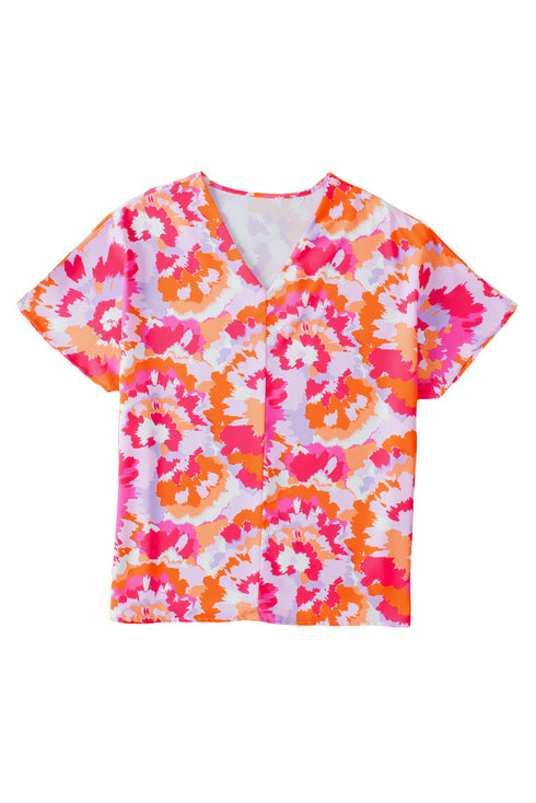 Abstract Print V Neck Short Sleeve Woven Blouse