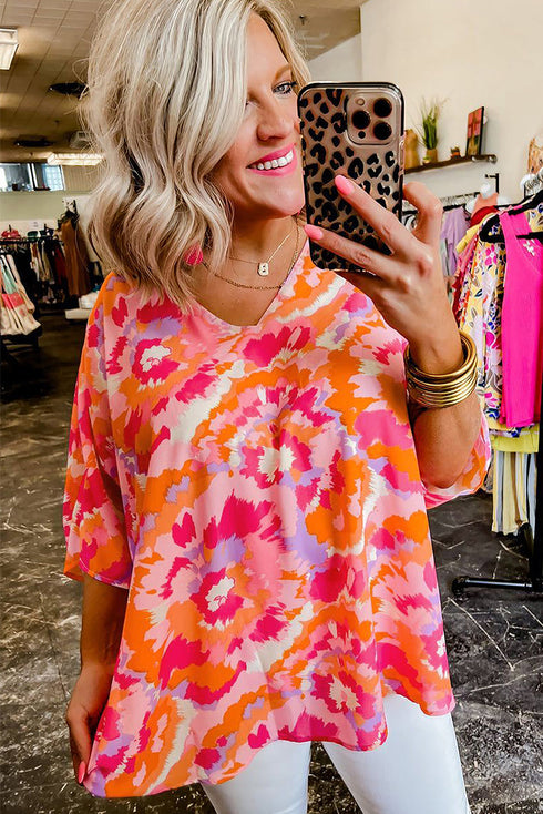 Abstract Print V Neck Short Sleeve Woven Blouse