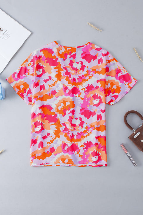 Abstract Print V Neck Short Sleeve Woven Blouse