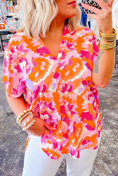 Abstract Print V Neck Short Sleeve Woven Blouse