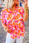Abstract Print V Neck Short Sleeve Woven Blouse