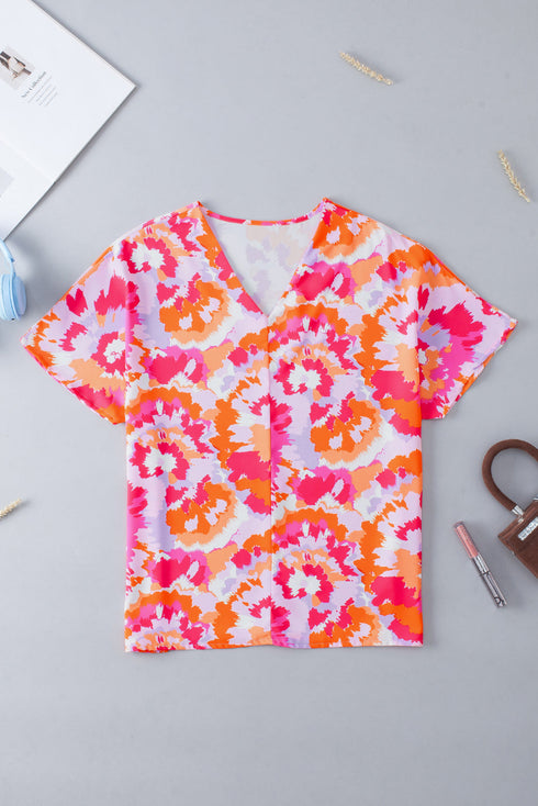 Abstract Print V Neck Short Sleeve Woven Blouse