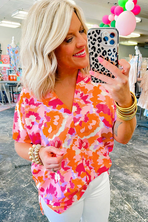 Abstract Print V Neck Short Sleeve Woven Blouse