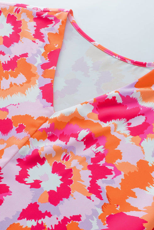 Abstract Print V Neck Short Sleeve Woven Blouse