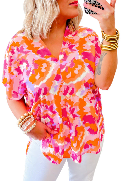 Abstract Print V Neck Short Sleeve Woven Blouse