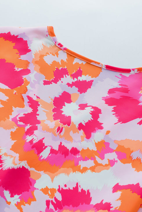 Abstract Print V Neck Short Sleeve Woven Blouse