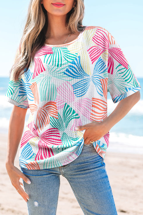 Abstract Print Waffle Knit Dolman Sleeve Relaxed Top