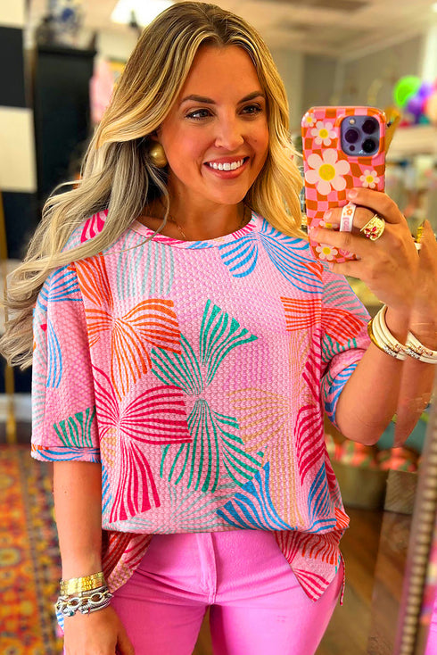 Abstract Print Waffle Knit Dolman Sleeve Relaxed Top