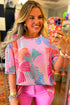 Abstract Print Waffle Knit Dolman Sleeve Relaxed Top