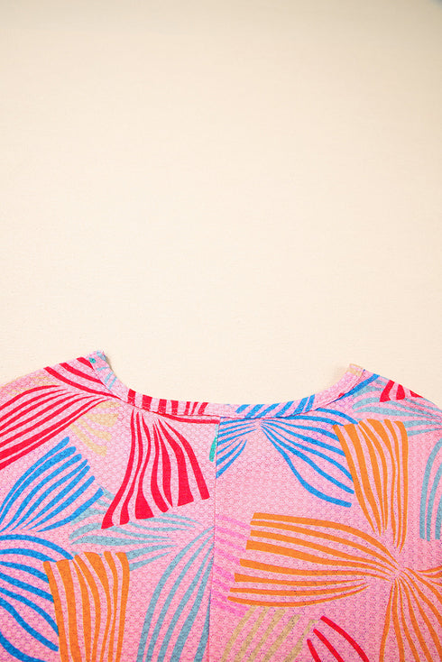 Abstract Print Waffle Knit Dolman Sleeve Relaxed Top