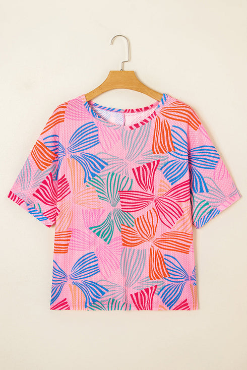 Abstract Print Waffle Knit Dolman Sleeve Relaxed Top