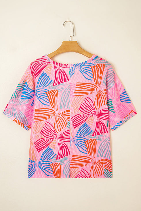 Abstract Print Waffle Knit Dolman Sleeve Relaxed Top