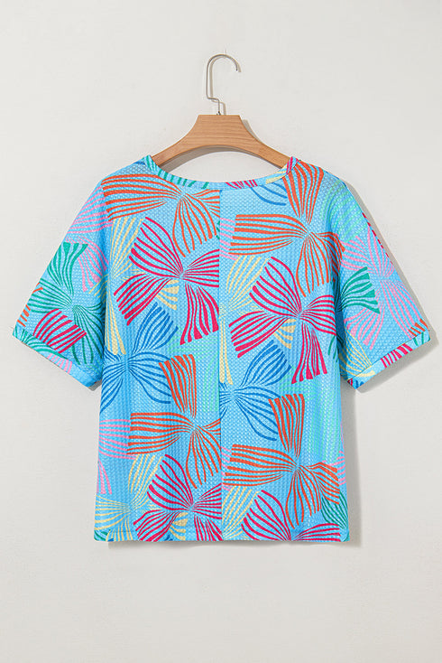 Abstract Print Waffle Knit Dolman Sleeve Relaxed Top