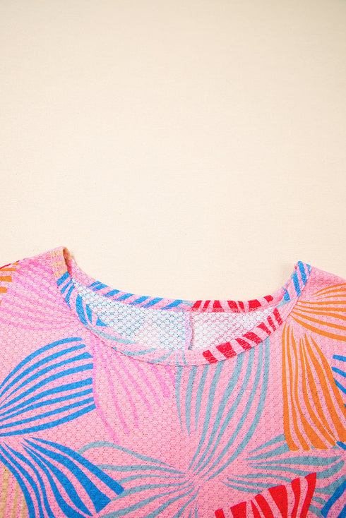 Abstract Print Waffle Knit Dolman Sleeve Relaxed Top