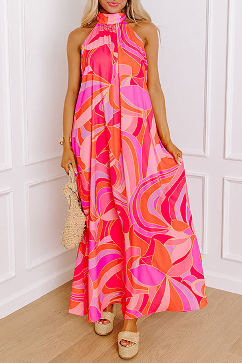 Abstract Printed High Neck Knotted Nape Sleeveless Maxi Dress