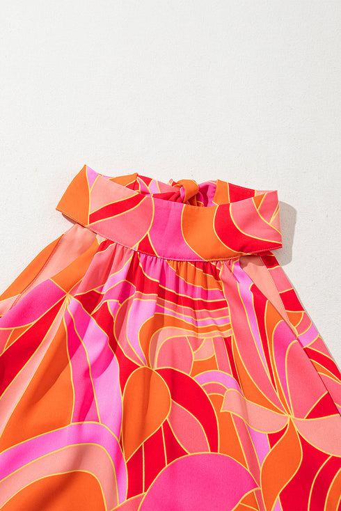 Abstract Printed High Neck Knotted Nape Sleeveless Maxi Dress