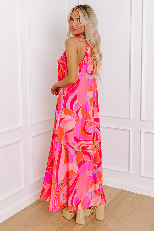 Abstract Printed High Neck Knotted Nape Sleeveless Maxi Dress