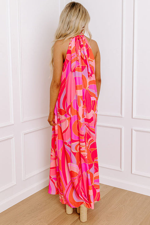 Abstract Printed High Neck Knotted Nape Sleeveless Maxi Dress