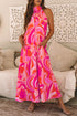 Abstract Printed High Neck Knotted Nape Sleeveless Maxi Dress