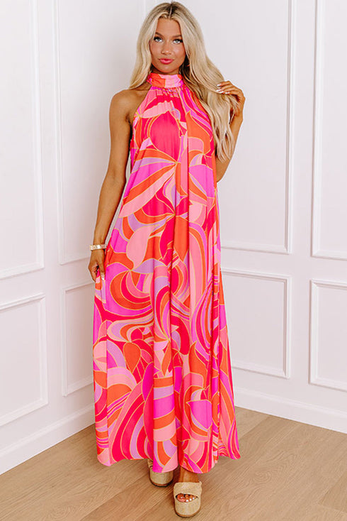 Abstract Printed High Neck Knotted Nape Sleeveless Maxi Dress