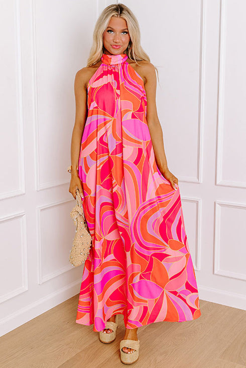 Abstract Printed High Neck Knotted Nape Sleeveless Maxi Dress
