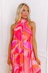 Abstract Printed High Neck Knotted Nape Sleeveless Maxi Dress