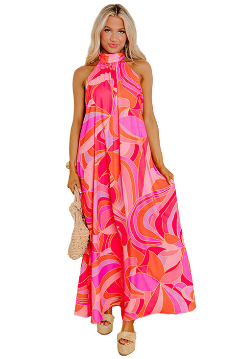 Abstract Printed High Neck Knotted Nape Sleeveless Maxi Dress