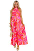 Abstract Printed High Neck Knotted Nape Sleeveless Maxi Dress