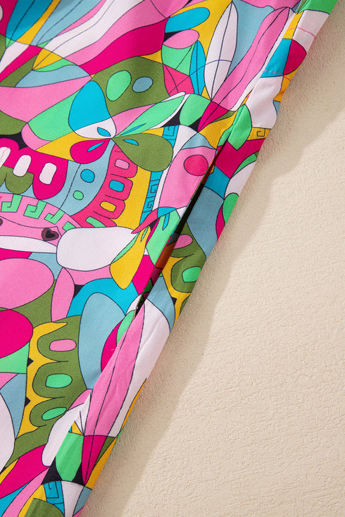 Abstract Printed Lantern Sleeve Buttoned Mini Dress