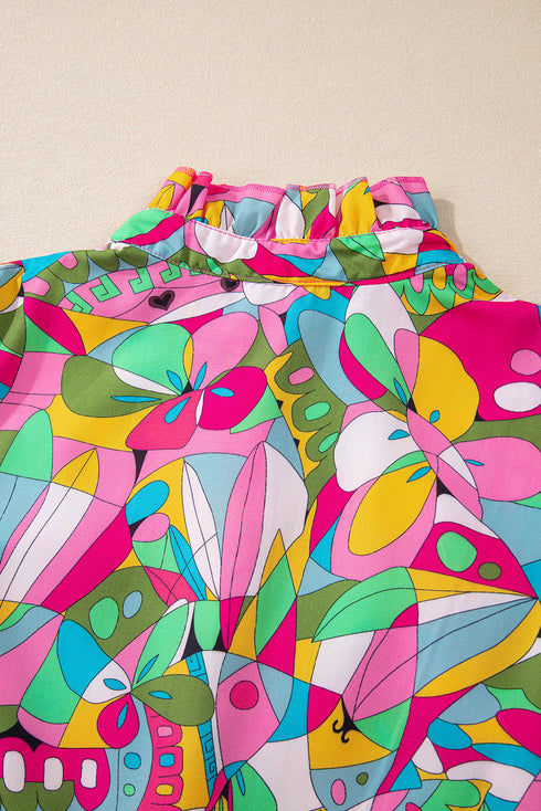 Abstract Printed Lantern Sleeve Buttoned Mini Dress